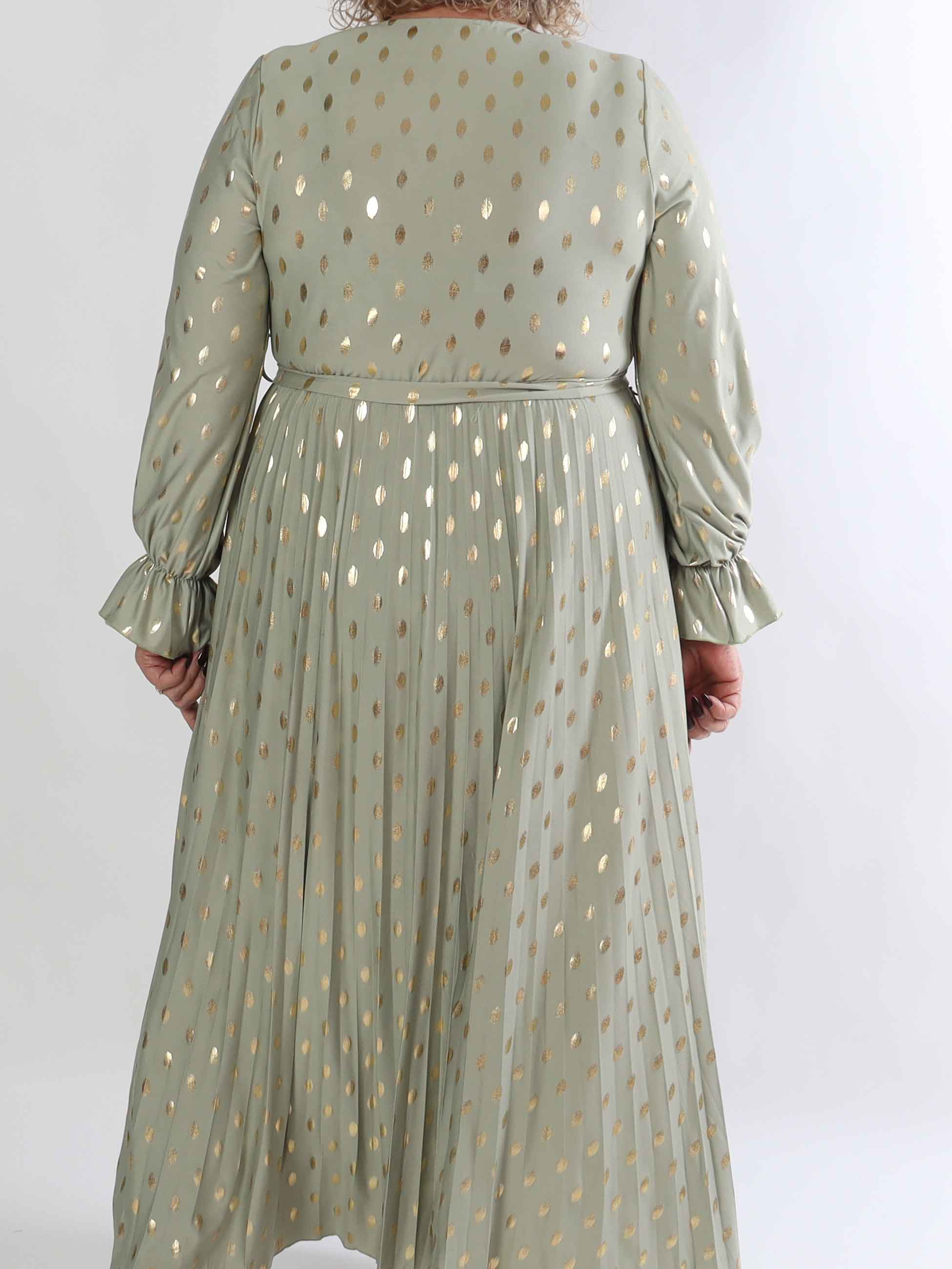 Silvija Dot - Lang plus size kjole med guld dutter og plisseret skørt